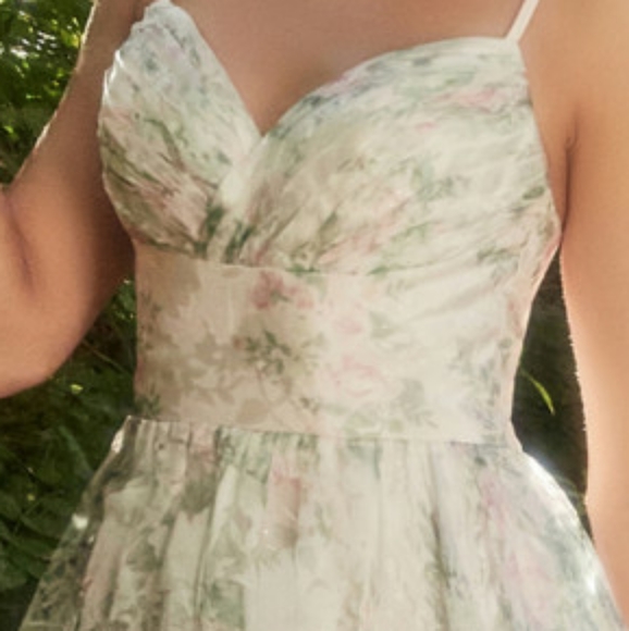 Tea length organza floral print strapless gown with lace up back - Picture 6 of 7